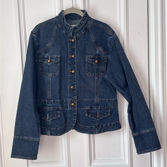 Women’s Vintage Jessica Mandarin Collar Military Style Brass Tone Buttons Denim - Picture 2 of 15